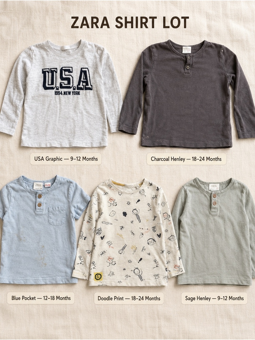 Zara Kids Long-Sleeve Tee Set - Gray, Charcoal, Blue, Cream, Sage